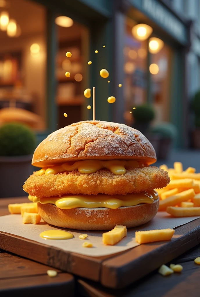 German Hamburg fish Bäcker Brötchen with fries flying with Remulade just one crispy Fish