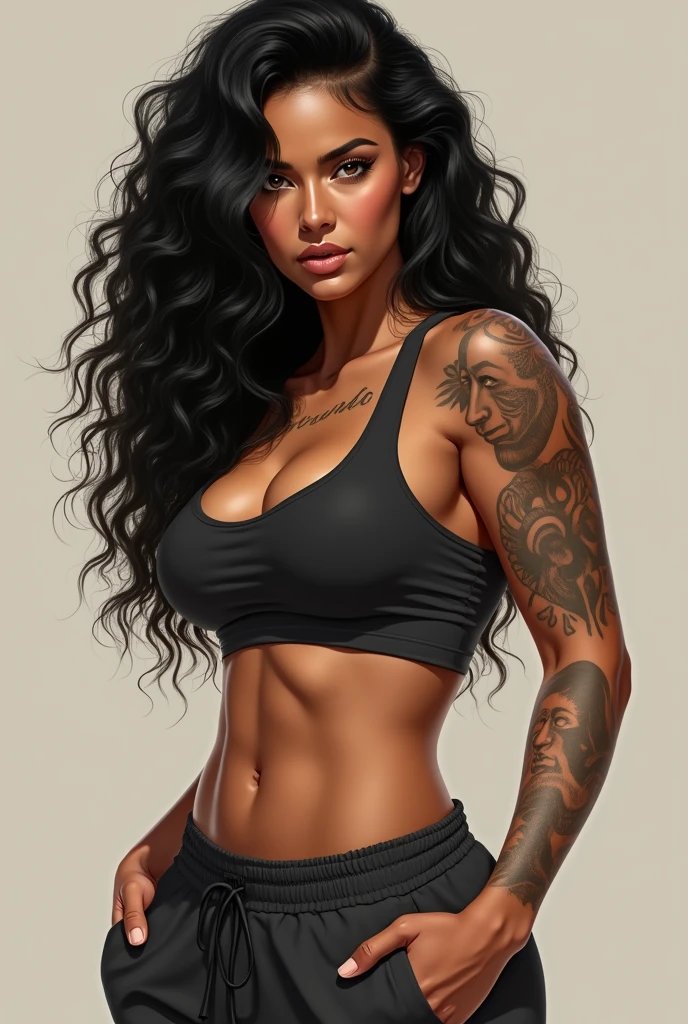 A very pretty woman, with an athletic body and lots of curves and some tattoos. skin fair, sweet face, brown eyes and black hair, long and curly, piercing gaze and wearing sweatpants and a tank top. not anime style. your long hair and your body is what draws the most attention because of your muscles
