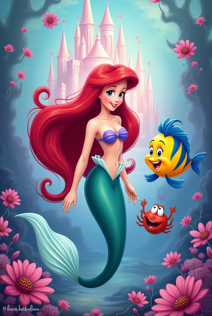 Cover for notebooks with the image of Ariel the little mermaid and her friends in the castle at the bottom of the sea, with pink tones and the words written LAURA KATHALINA 