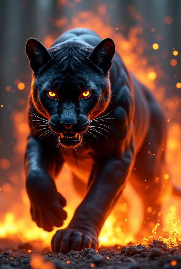 Panther live wallpaper, 3D , animation, protective, black, black background, mad panther, flames, around the panter
