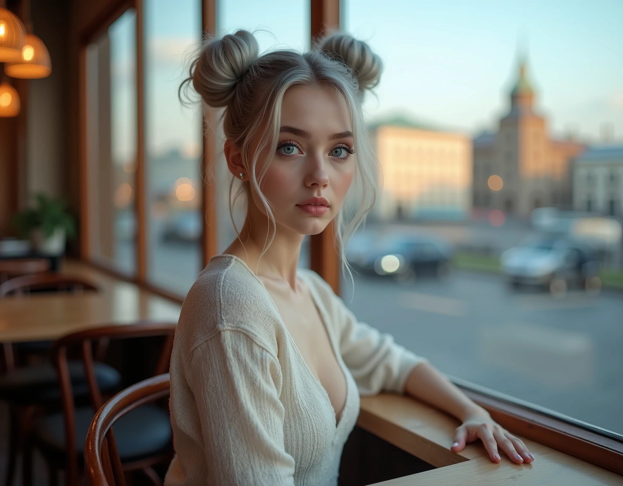 Beautiful girl with fair skin, 20 years, light gray hair gathered into two buns, Blue eyes, sits elegantly in a cozy coffee shop, Sits up straight, Look directly into the camera, in the background there is a large window with a view of St. Petersburg, Really, Photo, 4K
