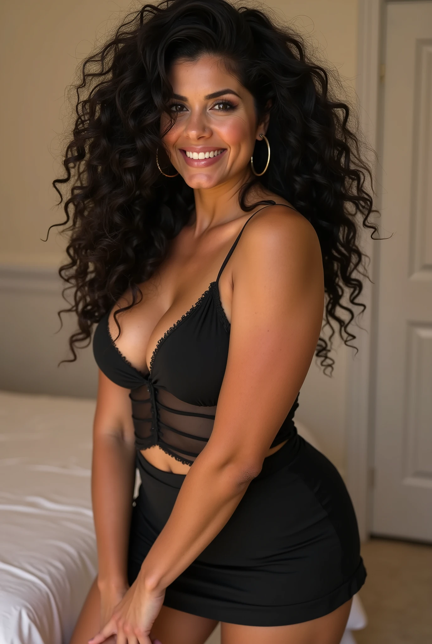 a beautiful young woman, celine dion, 1girl, , smiling, curly hair (black hair), fit body, 1980s aesthetic, cheek full of youth, casual clothing, short skirt, long black pantyhose, sexy, big breasts, curvy