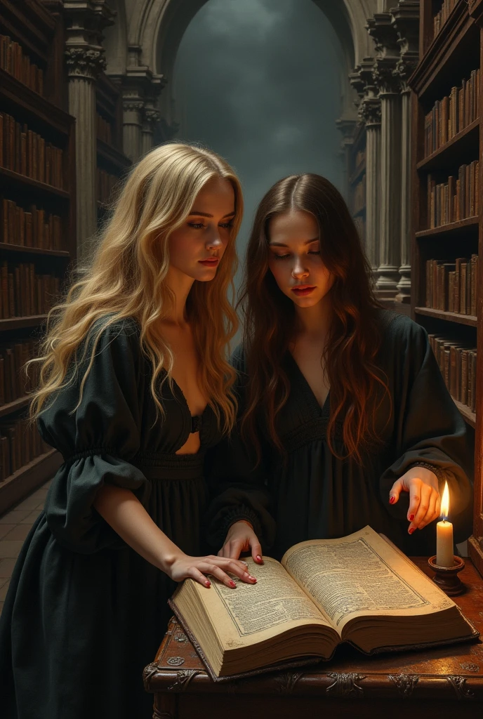 beautiful womens; looking for a forbidden book in ancient library with a lost of mistery and secrets; caravaggio painting; naked women ; violet sorrengail; two womens interacting with the books; chiarosescuro; no purple hair; first woman blonde and second woman brown hair; architecture; full vaulted arch; pillars; searching and reading a book; scared; suspanse; terror; shadows; candle with strong light