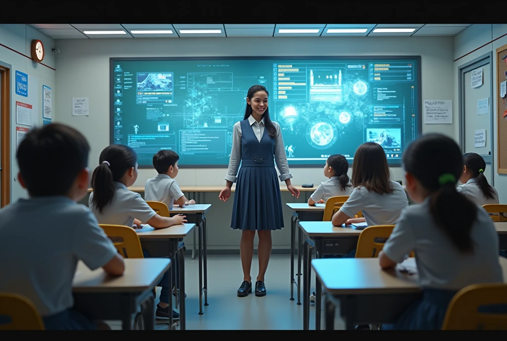 (CyberRealistic), 

6th grade students wearing student uniform, in a school classroom, sitting at their individual desks, taking notes and others giving their opinions on the class. The smiling teacher giving the class. 
