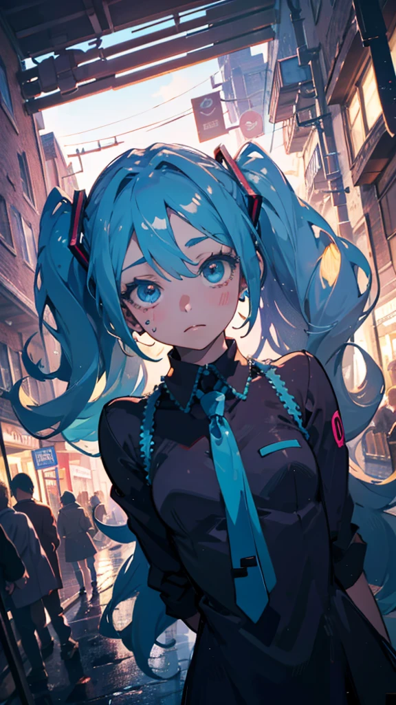 Hatsune miku, A sad expression, in the street, anime, detailed eyes and face, detailed body, dutch angle, UHD, masterpiece, anatomically correct, high details, textured skin, super detail