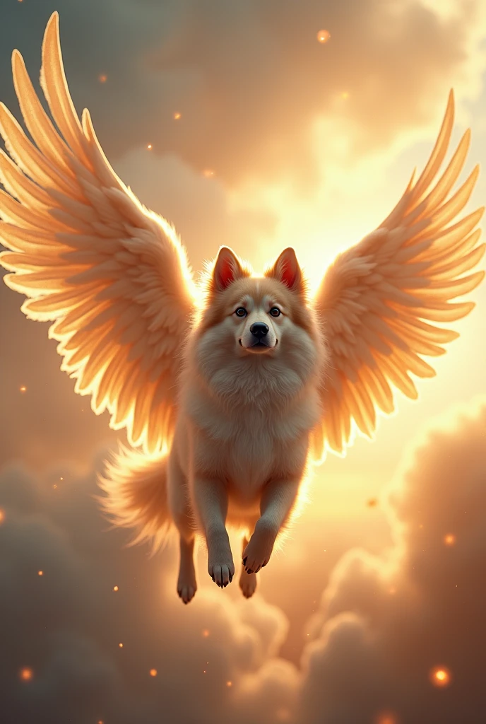 a dog with angel wings, dog with wings, angelic dog, dog in the sky, heavenly dog, majestic dog, beautiful dog, detailed dog, detailed wings, fluffy dog, detailed feathers, cinematic lighting, dramatic lighting, glowing wings, ethereal, mystical, ethereal atmosphere, magical realism, fantasy, digital art, photorealistic, 8k, highly detailed, masterpiece