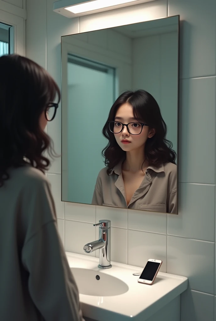 A brunette student with glasses in front of her mirror in a modern bathroom, her phone is on the sink in front of her
