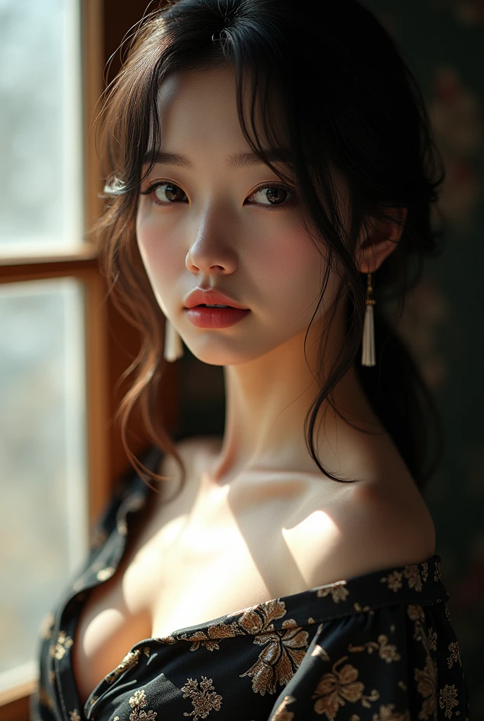  
Best Quality, facial focus, luz outfit, ultra high resolution, (photorealistic:1.4), raw photo,
1 Japanese girl, Alone, Beautiful, (student, lights in the eyes),  Detailed beautiful face, (small chest),(High resolution detail of human skin texture.),
(by the wide),
interior,
Damask shirt dress,slightly naked 
(portrait)