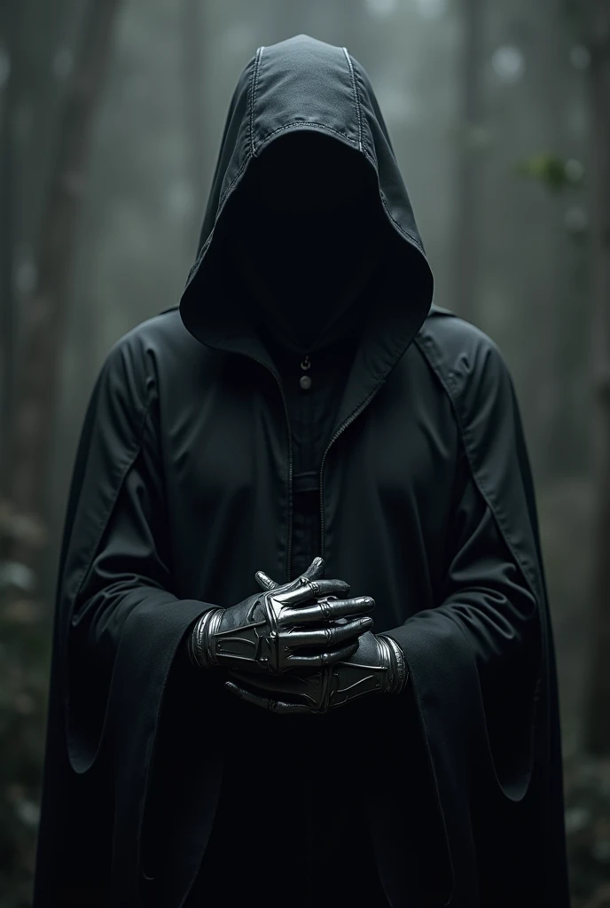 Man in black clothes and silver gloves, wearing a faceless hood