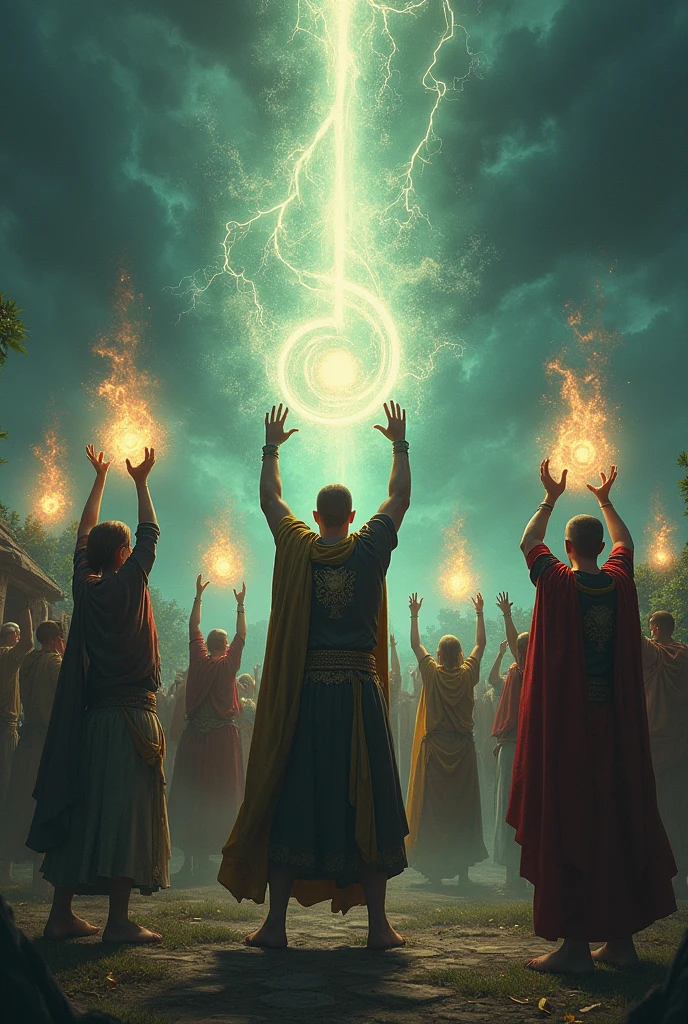 The Guardians wielding the relics : A dramatic scene where the Guardians raise the sacred relics high, which begin to shine intensely, forming a protective barrier around the village, as darkness tries to invade them.