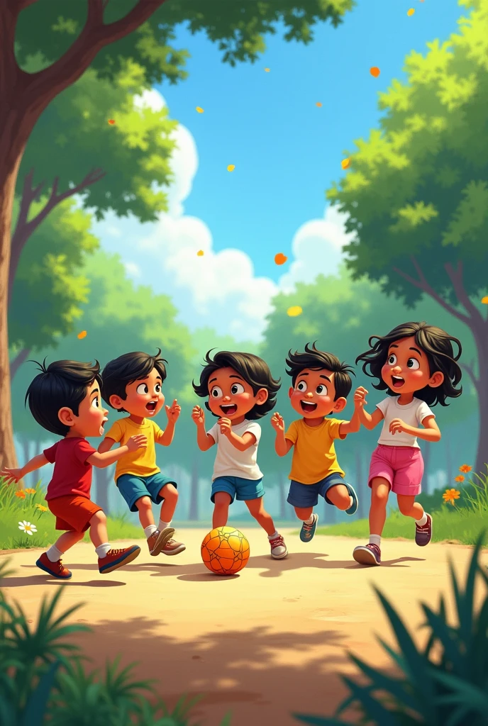 pixar animation illustration of group of kids from el salvador are playing the game "pon" in a park on a sunny day