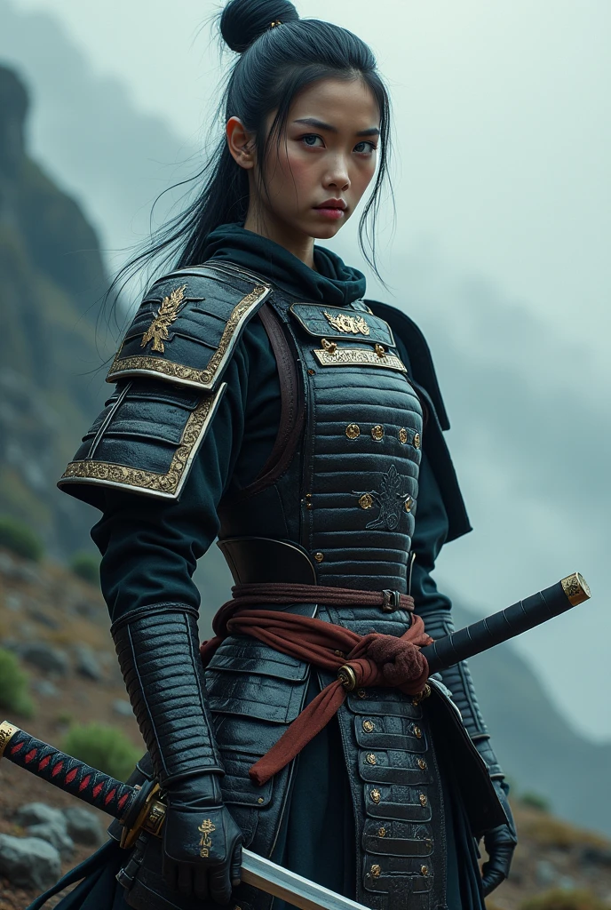 Samurai girl with blue eyes and asian facial features 