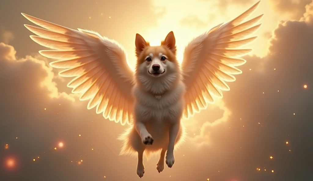 a dog with angel wings, dog with wings, angelic dog, dog in the sky, heavenly dog, majestic dog, beautiful dog, detailed dog, detailed wings, fluffy dog, detailed feathers, cinematic lighting, dramatic lighting, glowing wings, ethereal, mystical, ethereal atmosphere, magical realism, fantasy, digital art, photorealistic, 8k, highly detailed, masterpiece