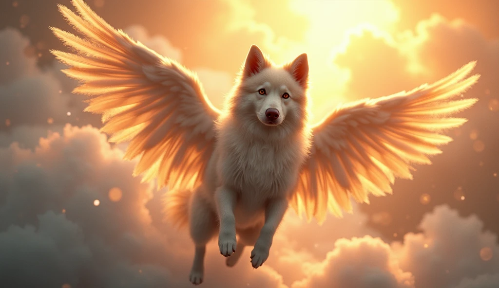 a dog with angel wings, dog with wings, angelic dog, dog in the sky, heavenly dog, majestic dog, beautiful dog, detailed dog, detailed wings, fluffy dog, detailed feathers, cinematic lighting, dramatic lighting, glowing wings, ethereal, mystical, ethereal atmosphere, magical realism, fantasy, digital art, photorealistic, 8k, highly detailed, masterpiece