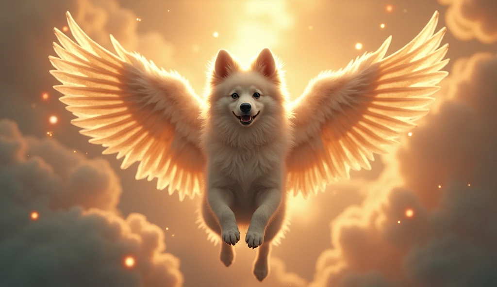 a dog with angel wings, dog with wings, angelic dog, dog in the sky, heavenly dog, majestic dog, beautiful dog, detailed dog, detailed wings, fluffy dog, detailed feathers, cinematic lighting, dramatic lighting, glowing wings, ethereal, mystical, ethereal atmosphere, magical realism, fantasy, digital art, photorealistic, 8k, highly detailed, masterpiece