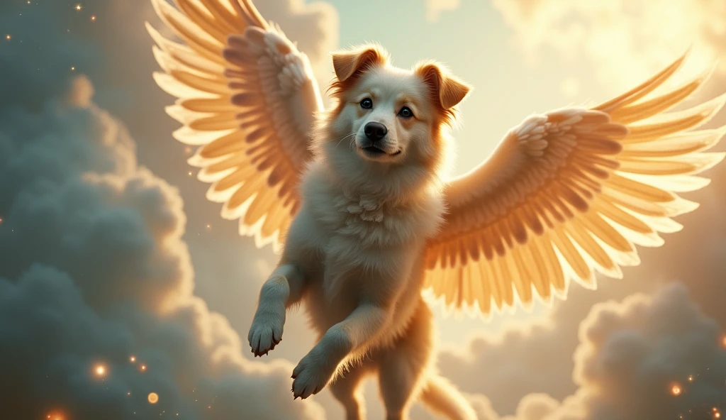a dog with angel wings, dog with wings, angelic dog, dog in the sky, heavenly dog, majestic dog, beautiful dog, detailed dog, detailed wings, fluffy dog, detailed feathers, cinematic lighting, dramatic lighting, glowing wings, ethereal, mystical, ethereal atmosphere, magical realism, fantasy, digital art, photorealistic, 8k, highly detailed, masterpiece