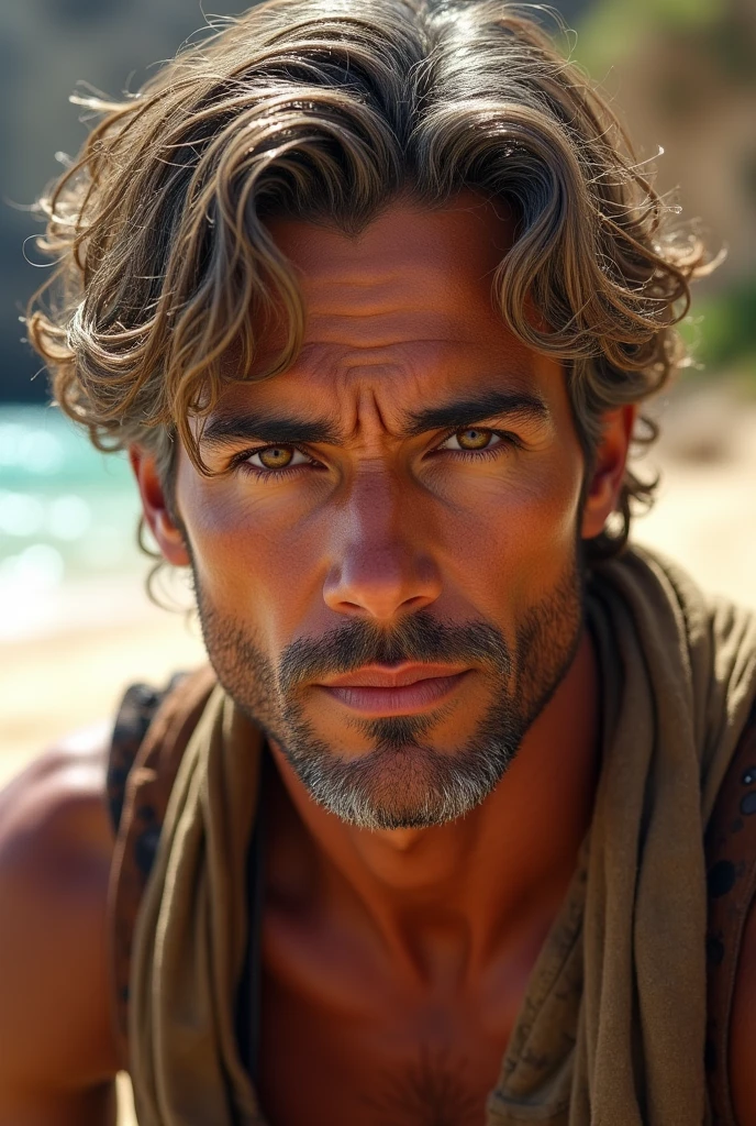 23-year-old man, hair the color of wet sand, slightly graying on the sides; his skin tanned; his features hardened, his eyes marked, brown eyes. Skin tanned by the sun. Is joung.