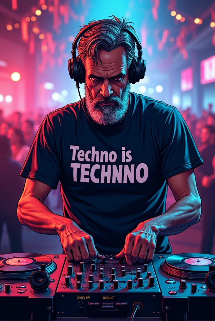 dj with t-shirt with inscription Mjk Perry " Techno is Techno", headphones, record player, records, techno, comic style, middle age, three day beard, club,