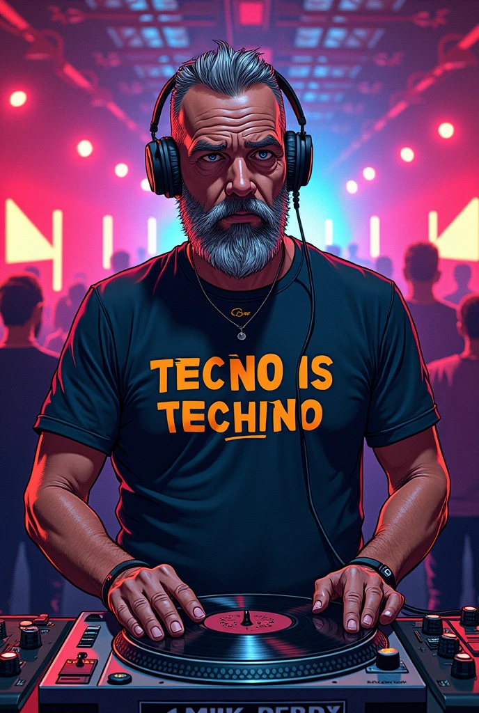 dj with t-shirt with inscription Mjk Perry " Techno is Techno", headphones, record player, records, techno, comic style, middle age, three day beard, club,