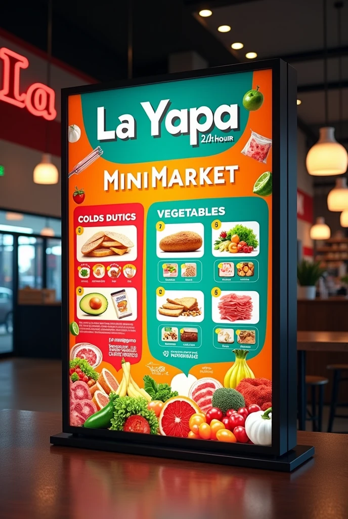 Hello, could you generate an image for me with artificial intelligence of how a rectangular commercial sign would look for a minimarket-style establishment? In that sign I want to add that I sell bread, cold cuts, dairy products, vegetables, food, candy, and cigarettes. The name of the minimarket is LA YAPA and it will be open 24 hours a day. 