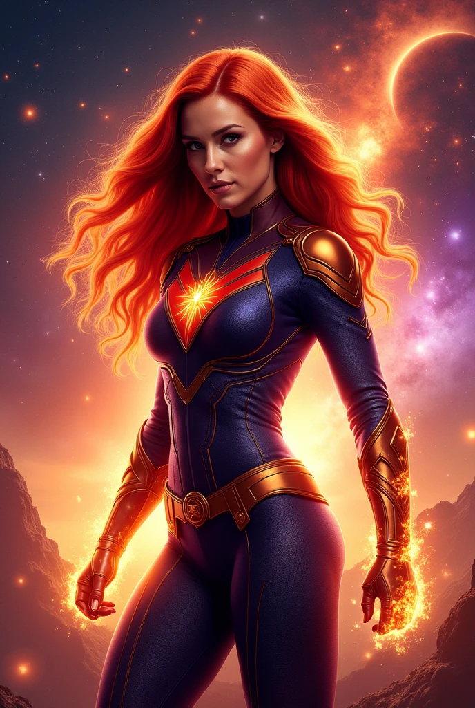 Create an image of a superheroine whose powers are the change of temperature at the dermal level, that he wears an orange and light blue suit with the letter "t" on the chest