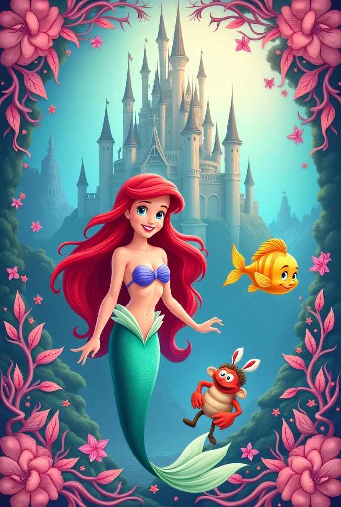 Cover for notebooks with the image of Ariel the little mermaid and her friends in the castle at the bottom of the sea, with pink tones and the words written LAURA KATHALINA
