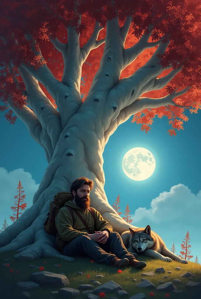 A man resting, next to his wolf, under a large, lush tree with a white trunk, and red leaves at night.