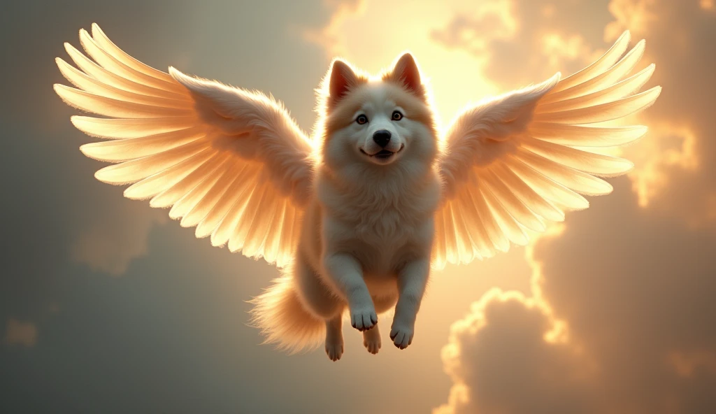 a dog with angel wings, dog with wings, angelic dog, dog in the sky, heavenly dog, majestic dog, beautiful dog, detailed dog, detailed wings, fluffy dog, detailed feathers, cinematic lighting, dramatic lighting, glowing wings, ethereal, mystical, ethereal atmosphere, magical realism, fantasy, digital art, photorealistic, 8k, highly detailed, masterpiece