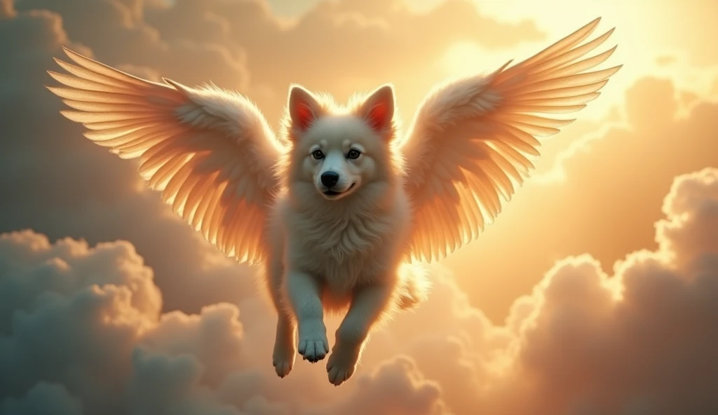 a dog with angel wings, dog with wings, angelic dog, dog in the sky, heavenly dog, majestic dog, beautiful dog, detailed dog, detailed wings, fluffy dog, detailed feathers, cinematic lighting, dramatic lighting, glowing wings, ethereal, mystical, ethereal atmosphere, magical realism, fantasy, digital art, photorealistic, 8k, highly detailed, masterpiece