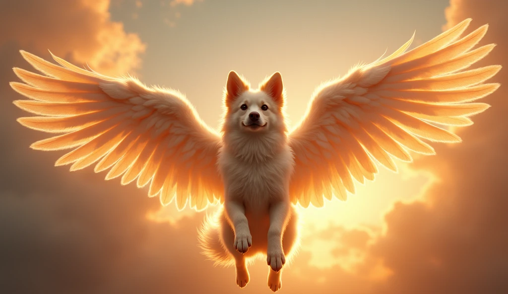 a dog with angel wings, dog with wings, angelic dog, dog in the sky, heavenly dog, majestic dog, beautiful dog, detailed dog, detailed wings, fluffy dog, detailed feathers, cinematic lighting, dramatic lighting, glowing wings, ethereal, mystical, ethereal atmosphere, magical realism, fantasy, digital art, photorealistic, 8k, highly detailed, masterpiece