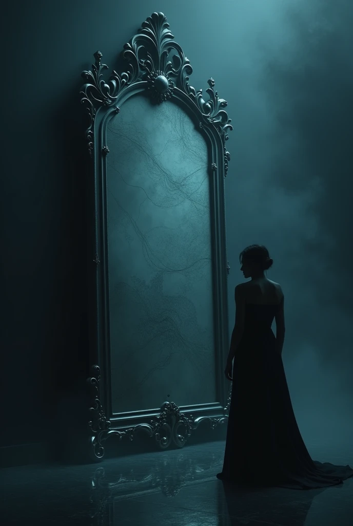 Make a dark, hazy background in shades of deep blue or black. At the center, place a large, elegant mirror, reflecting a soft light that partially illuminates the surrounding environment. In the reflection of the mirror, add a subtle image of a map or a network of fine lines, symbolizing the idea of "Map". Use a cool color palette and add a light texture to the background to create a sense of depth and introspection..