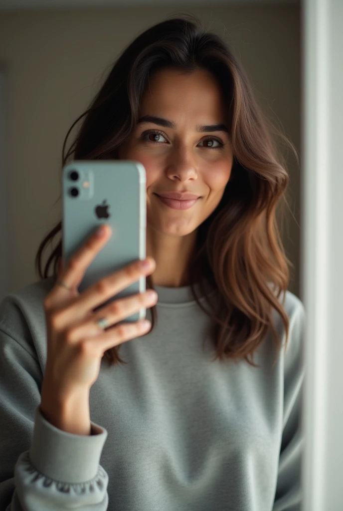 25 Year Old Woman, corp parfait, dressed in sweatshirt, rather light dark skin, brune , takes a picture of herself in a mirror with iphone