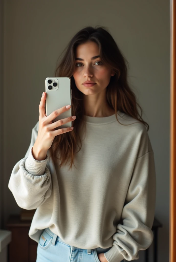 25 Year Old Woman, corp parfait, dressed in sweatshirt, rather light dark skin, brune , takes a picture of herself in a mirror with iphone