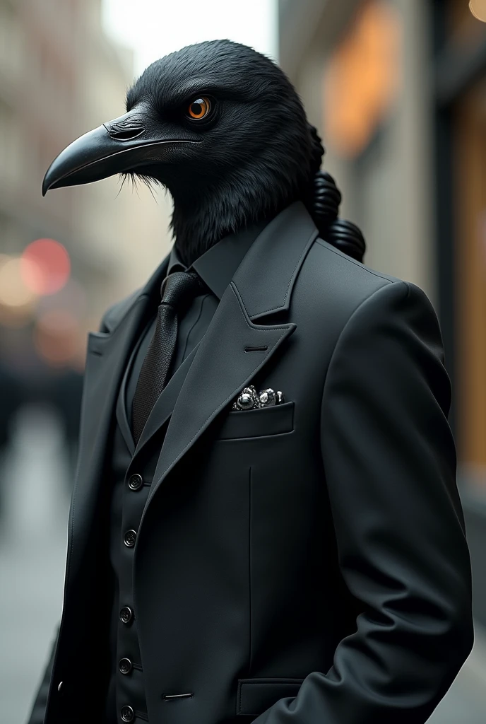 Humanoid crow in a suit with braided hair tied back