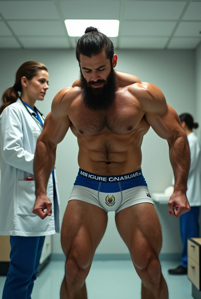 Strong hairy bearded man in underwear printed with the Nicaraguan flag, doing jumping jacks in front of a female doctor.