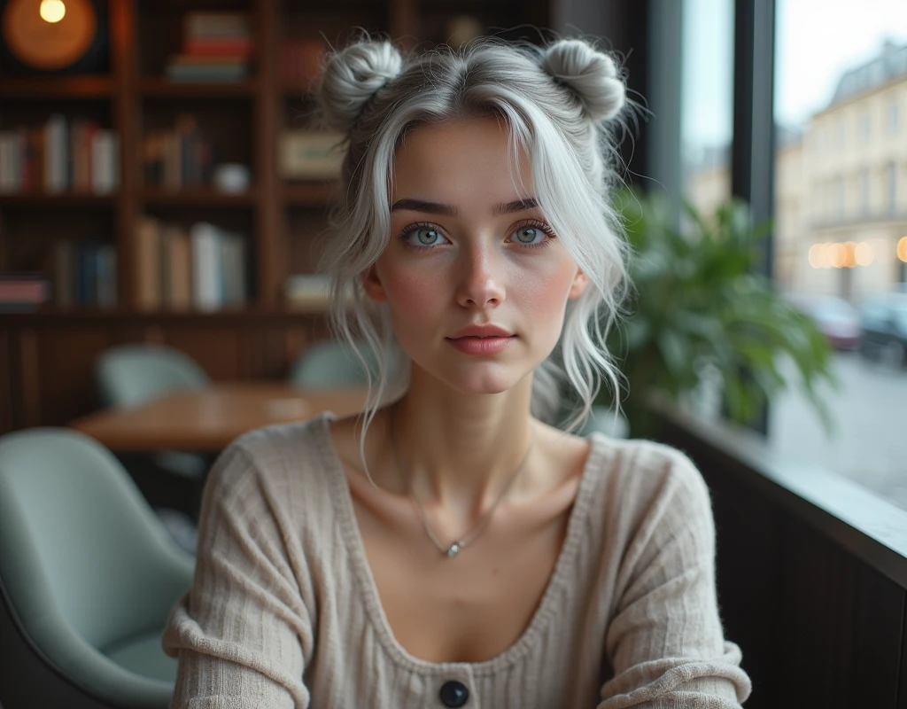 Beautiful girl with fair skin, 20 years, light gray hair gathered into two buns, Blue eyes, sits elegantly in a cozy coffee shop, a coffee shop with soft chairs and bookcases, Sits up straight, Look directly into the camera, in the background there is a large window with a view of St. Petersburg, Really, Photo, 4K