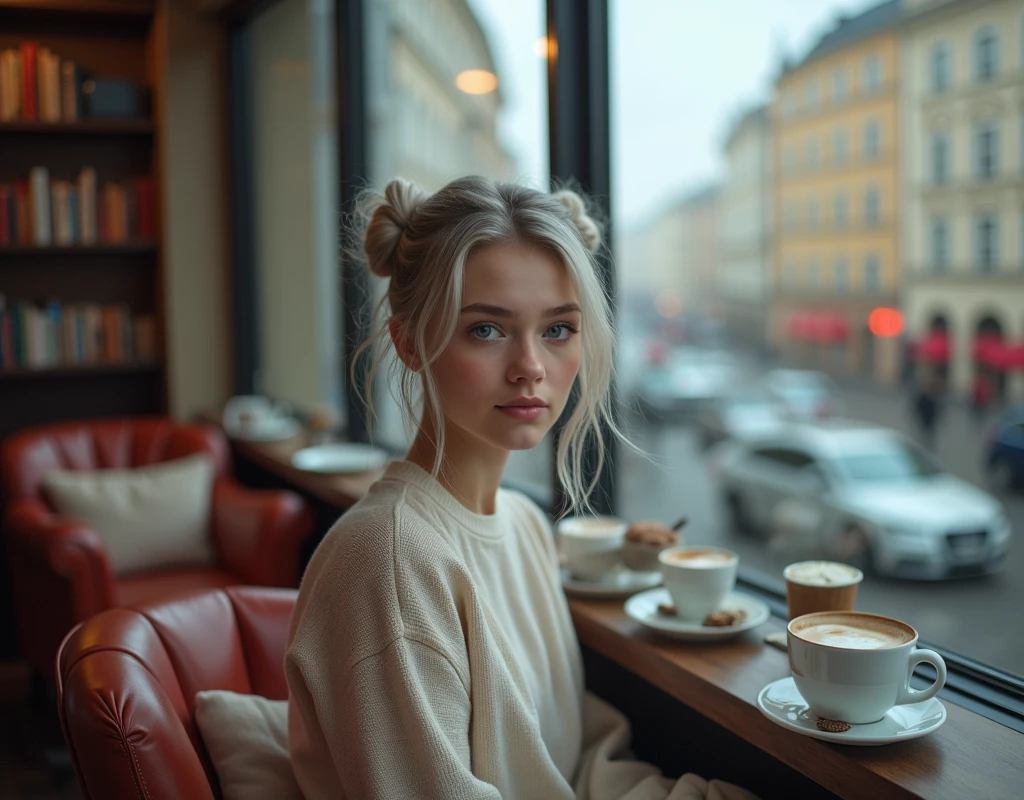 Beautiful girl with fair skin, 20 years, light gray hair gathered into two buns, Blue eyes, sits elegantly in a cozy coffee shop, a coffee shop with soft chairs and bookcases, Sits up straight, Look directly into the camera, in the background there is a large window with a view of St. Petersburg, Really, Photo, 4K