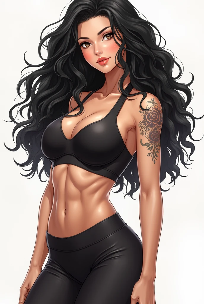 A very pretty woman, with an athletic body and lots of curves and some tattoos. skin fair, sweet face, brown eyes and black hair, long and curly, piercing gaze and wearing sportswear. not anime style. your long hair and your body is what draws the most attention because of your muscles. IN DRAWING STYLE, アニメ