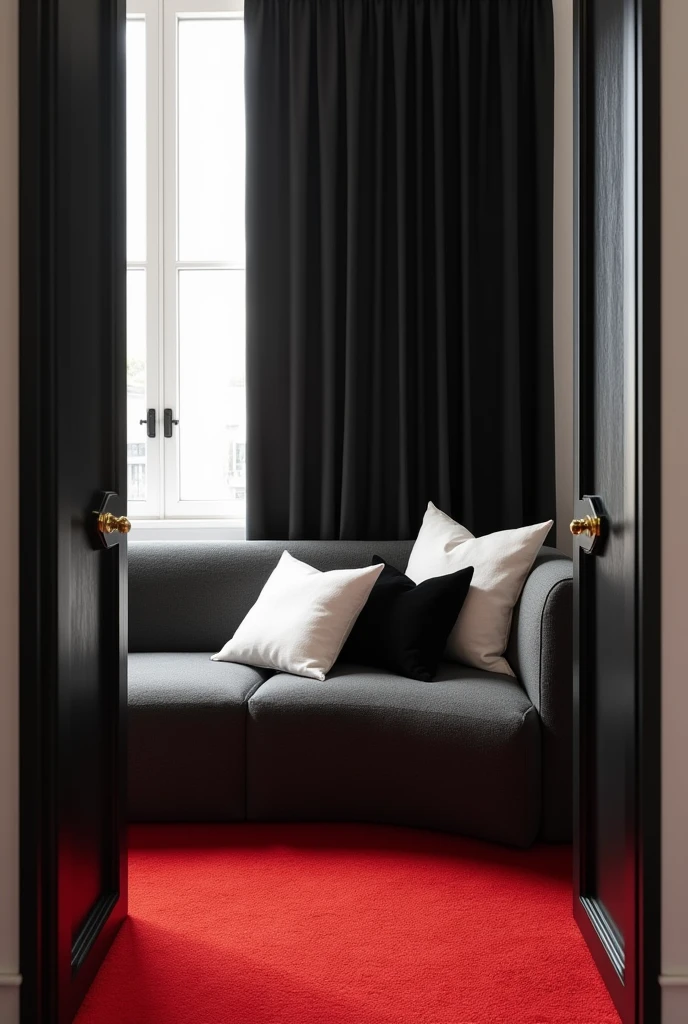 A small room with white walls black curtains and  has a bright red carpet and rich charcoal 
couch which has three throw pillows whereby two of them are white and the middle one is black
