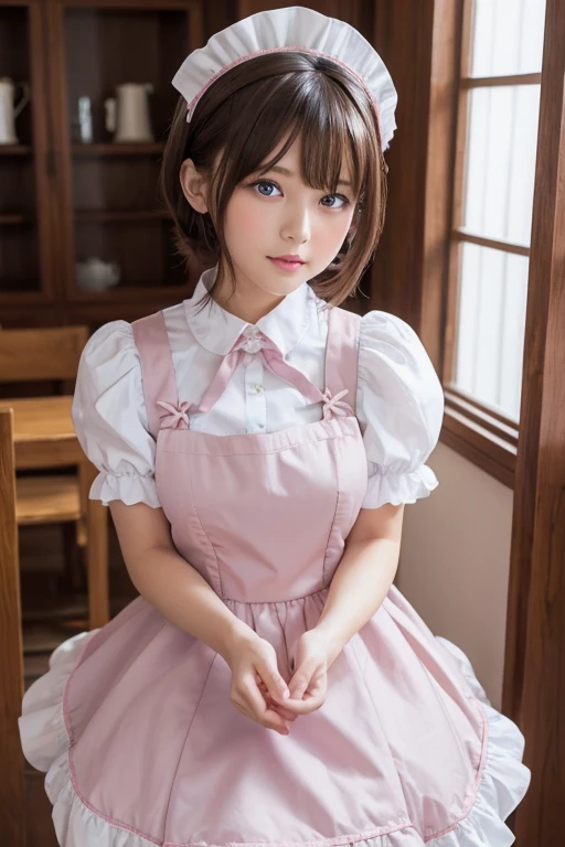 1girl, short brown hir, blue eyes, maid headdress, long maid outfit, soft pink lips, beautiful