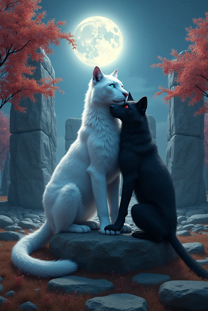 (photorealism:1.2), a white cougar with glowing blue eyes cuddling with a black wolf with glowing red eyed on the alter stone in the center of Stonehenge on a warm full Autumn moon overhead as well as maple and blooming cherry trees shattered around the area