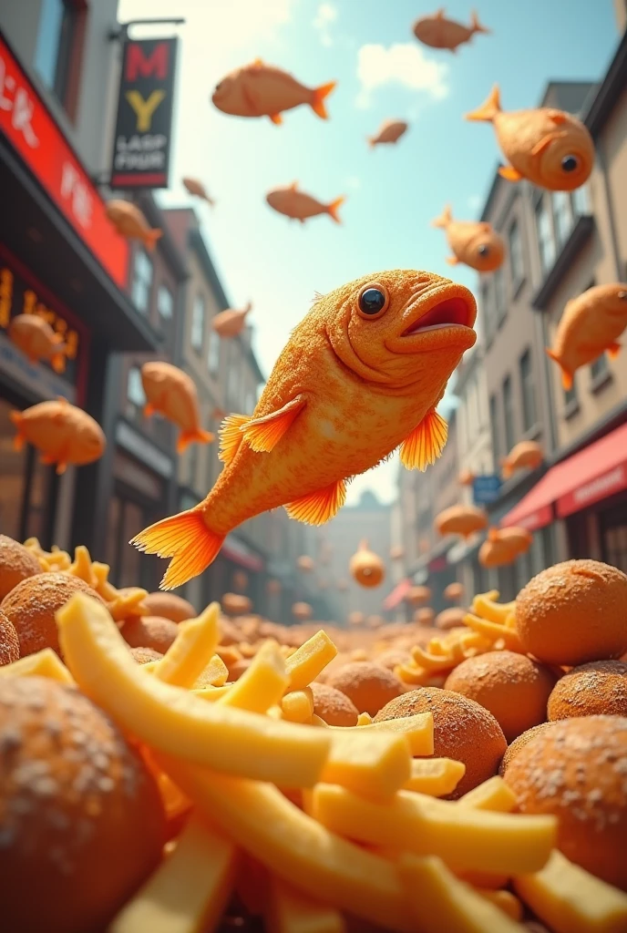 German Hamburg fish Bäcker Brötchen with fries flying with Remulade just one crispy Fish very very much of flying fish Brötchen and Pommes in the air