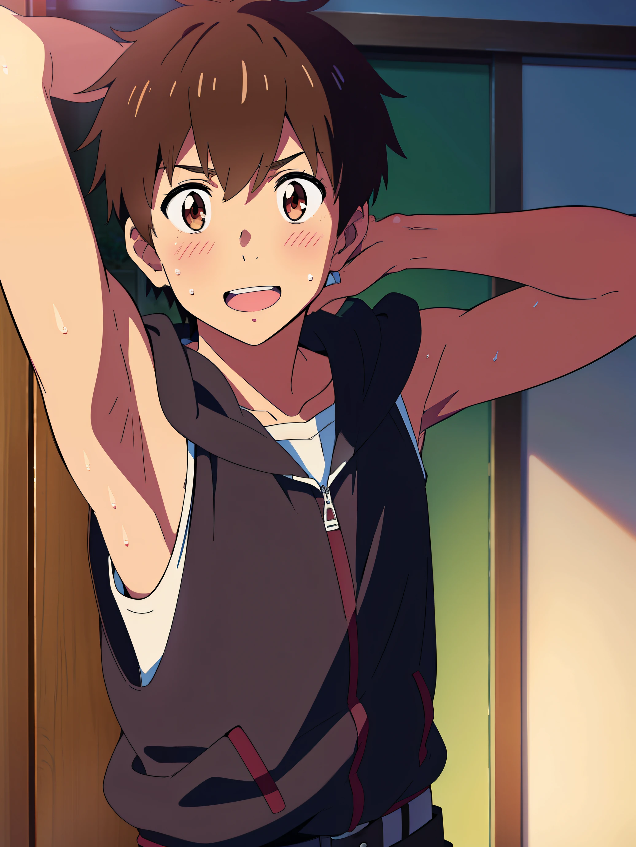 Ultra sharp, masterpiece, best quality, shinkai makoto, kimi no na wa, 1boy, Boy, Shota, brown hair, Taki, Sleeveless hoodie, Bare shoulder, blush, (Showing armpit:1.3), smile, cute boy, open mouth, adorable boy, looking at the viewer, Belt, sweat, Simple beckground