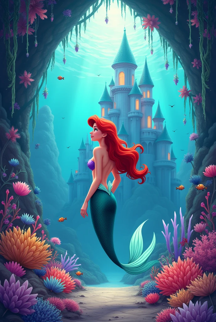 Cover for notebooks with the image of Ariel the little mermaid in the castle at the bottom of the sea, with pink tones and the words written LAURA KATHALINA 