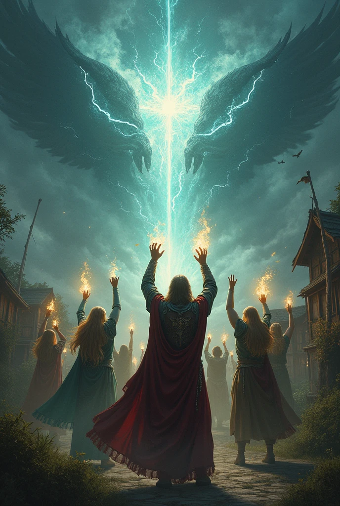 The Guardians wielding the relics : A dramatic scene where the Guardians raise the sacred relics high, which begin to shine intensely, forming a protective barrier around the village, as darkness tries to invade them.