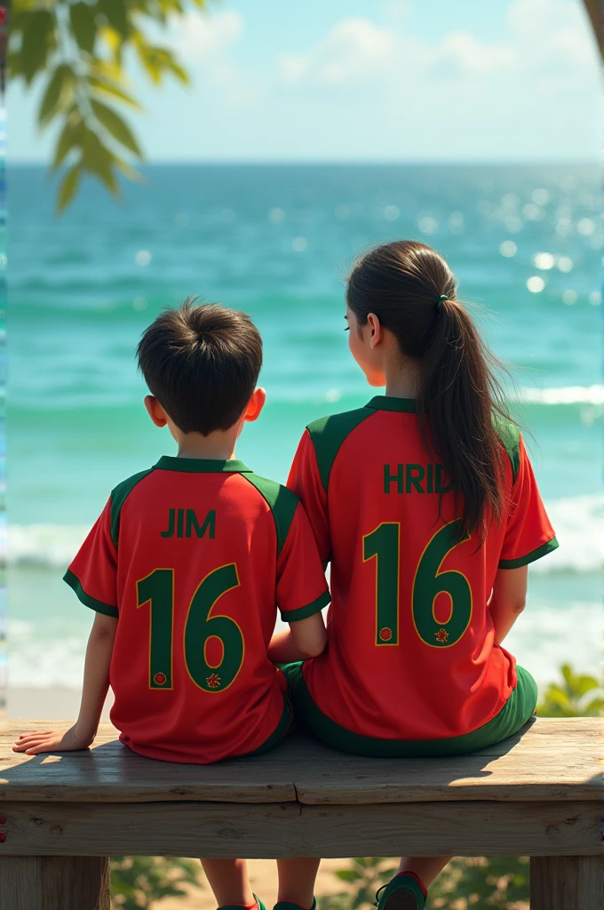 A boy whose name is "Jim" and a woman whose name is "Hridi" wearing Bangladeshi cricket Jersey and sitting on a bench near sea. The names of the boy and girl are written in the backside of the Jerseys. The Jersey number of boy is 16 and the Jersey number of the girl is 16