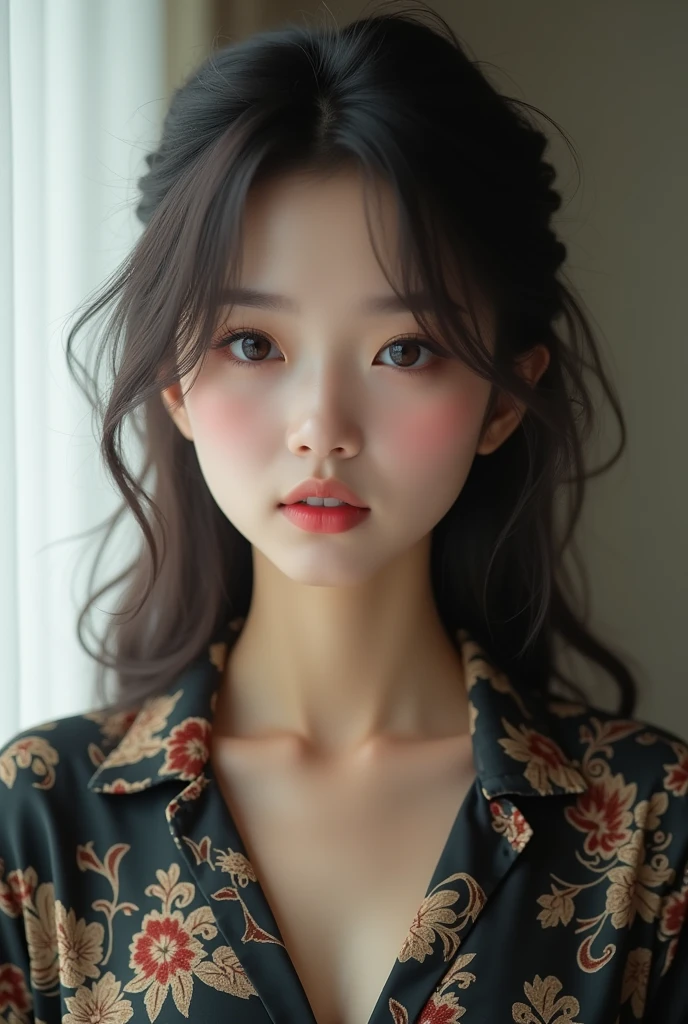  
Best Quality, facial focus, luz outfit, ultra high resolution, (photorealistic:1.4), raw photo,
1 Japanese girl, Alone, Beautiful, (student, lights in the eyes),  Detailed beautiful face, (small chest),(High resolution detail of human skin texture.),
(by the wide),
interior,
Damask shirt dress,naked 
(portrait)