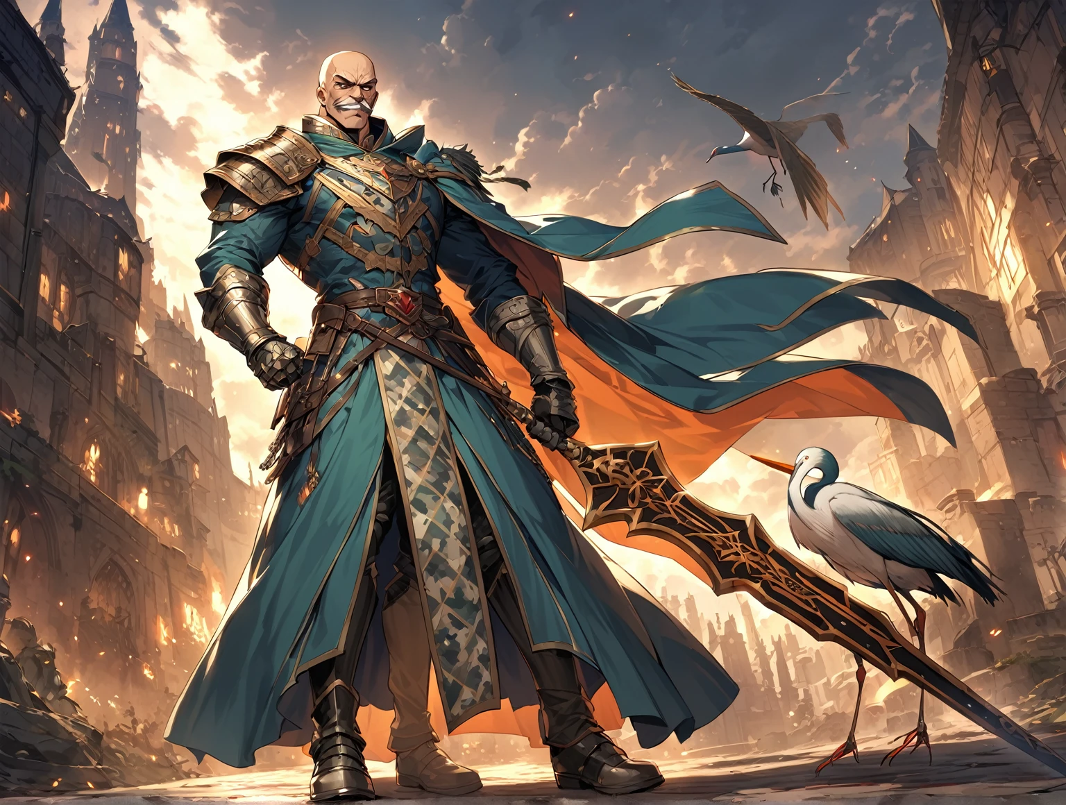 masutepiece, Best Quality, Highly detailed, epic exquisite character art, A Man, (((Solo))), (muscular guy, Middle Age, 50 years old, , Bald, shaved hair, Black short mustache), (Paladin Knight of Arab aesthetics, Wearing a military uniform with a camouflage pattern, Patterned fabrics and capes, With the coat of arms of a heron), shadowverse style,Castlevania: Lord of Shadows,Evil Bald Muscular Warrior,full body,Evil smile,Camouflage military uniform,old man,furious evil smile,