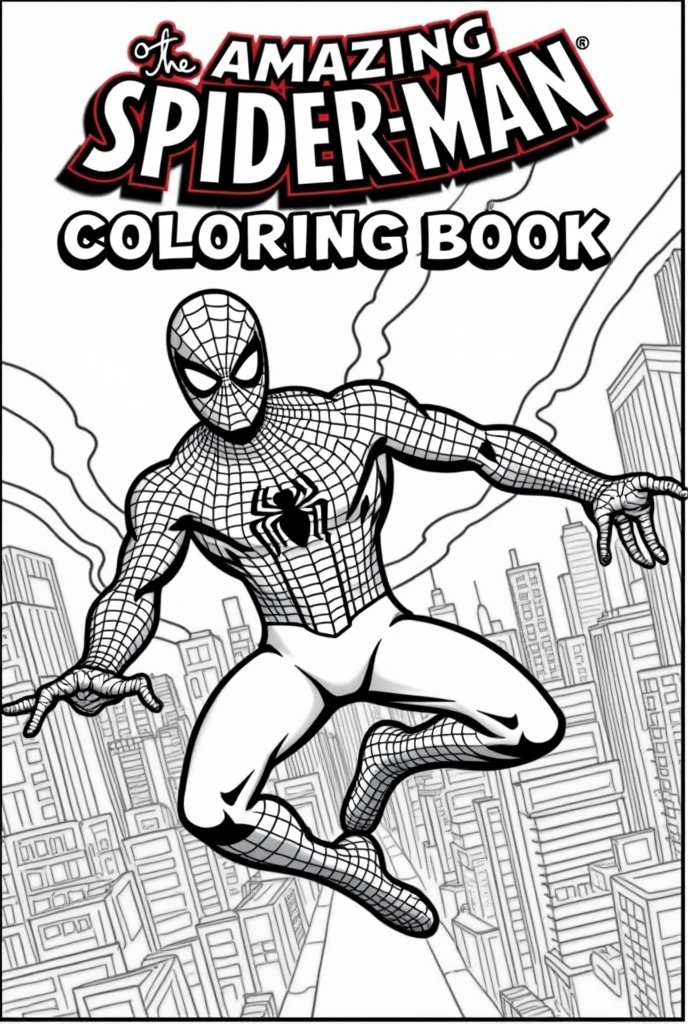 Design a book cover for a Spider-Man coloring book in a vibrant, eye-catching cartoon style. The cover should feature Spider-Man prominently, in a dynamic action pose, swinging through the city with his web. The background should include iconic elements of New York City, like skyscrapers, but kept in a simple, outline style suitable for coloring. The title 'Spider-Man Coloring Book' should be bold and playful, with a design that appeals to children. Use a black and white color scheme with clean, crisp lines to emphasize that this is a coloring book