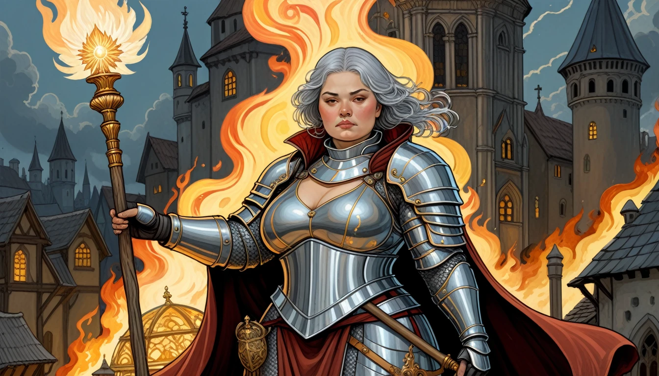 Highly detailed, UHD, 32k, medieval fantasy, Art Style of Rebecca Guay, digital painting, bold lines, a matron human female chubby villager, with some grey hair, clad in silver armor and helmet, holding a magical staff. At the top of the staff there is a magical crystal that emits flames. She is at a medieval city. Her face expression is one of evil and stupidity.